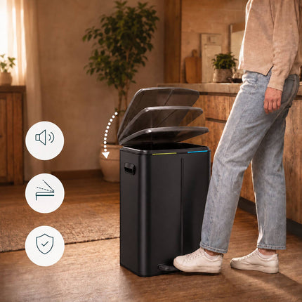 2-Compartment Pedal Bin 2 x 20 L with Soft-Close Lid, Black