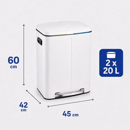 2-Compartment Pedal Bin 2 x 20 L with Soft-Close Lid, White