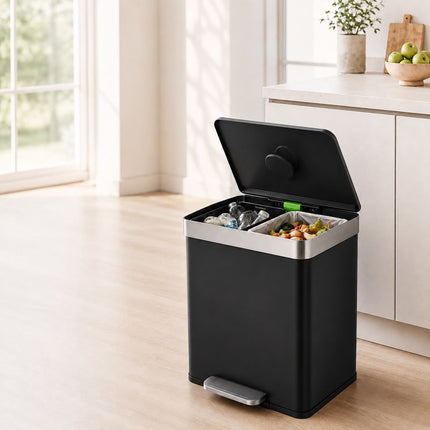 2-Compartment Pedal Bin 2 x 30 l with Soft-Close Lid, Black, 15 Bin Liners