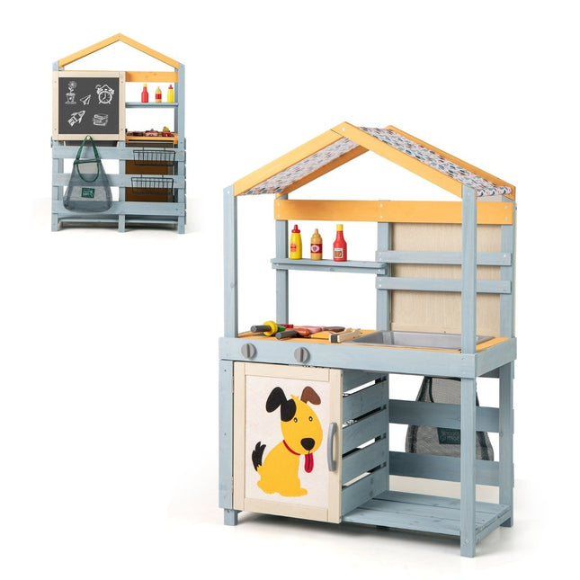 2-IN-1 mud kitchen children's outdoor children's kitchen wood with bag & baskets 75 x 34 x 111 cm multicolored