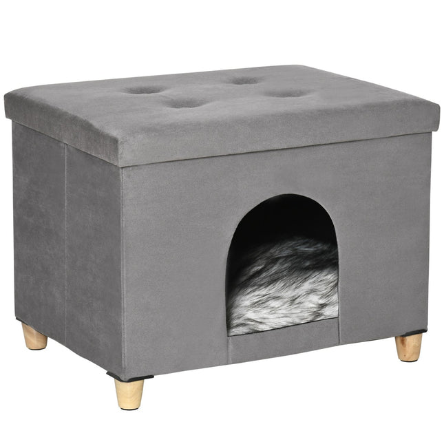 2-in-1 Katzenhöhlen-Hocker mit Kissen, Holzbeinen, grau