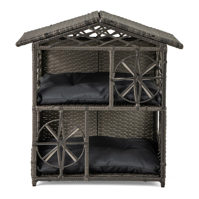2-stufiges Rattan-Katzenhaus mit abnehmbaren Kissen