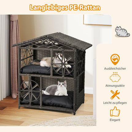 2-stufiges Rattan-Katzenhaus mit abnehmbaren Kissen