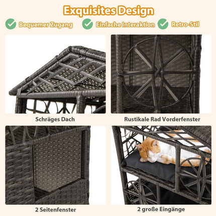 2-stufiges Rattan-Katzenhaus mit abnehmbaren Kissen