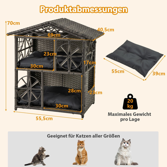 2-stufiges Rattan-Katzenhaus mit abnehmbaren Kissen
