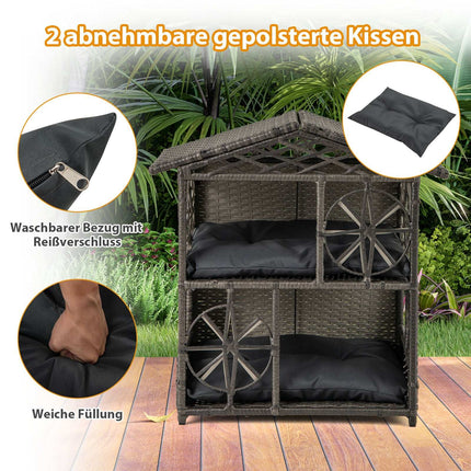 2-stufiges Rattan-Katzenhaus mit abnehmbaren Kissen