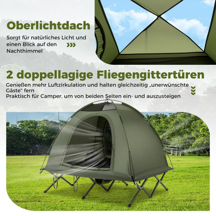 2-Personen-Campingzelt mit Feldbett, Regenschutz und Tragetasche