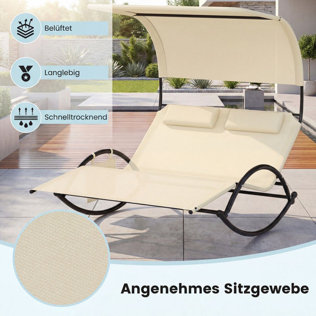 Balancelle 2 places avec auvent et 2 appuie-têtes, beige