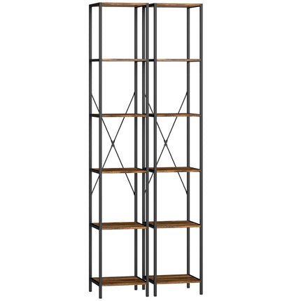 Ensemble de 2 étagères à 6 niveaux, structure en acier, marron rustique