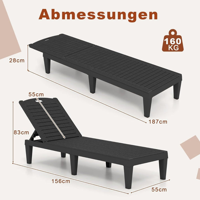 Ensemble de 2 chaises longues inclinables et réglables, noires, résistantes aux intempéries