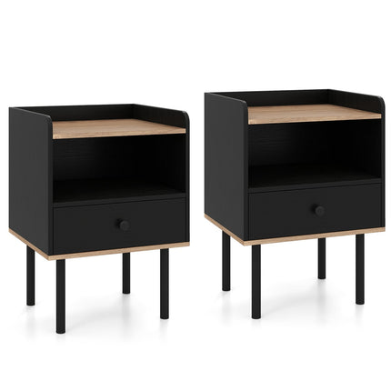 Ensemble de 2 tables de chevet noires avec tiroir et étagère
