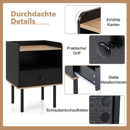 Ensemble de 2 tables de chevet noires avec tiroir et étagère