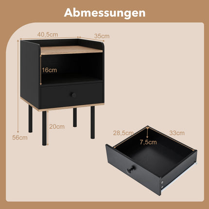 Ensemble de 2 tables de chevet noires avec tiroir et étagère