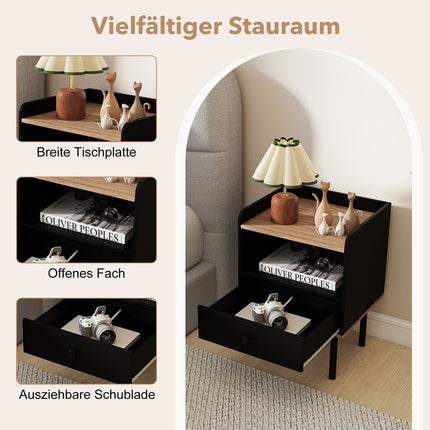Ensemble de 2 tables de chevet noires avec tiroir et étagère