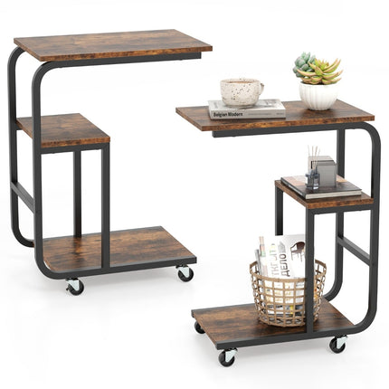 Ensemble de 2 tables d'appoint gigognes en forme de C avec roulettes