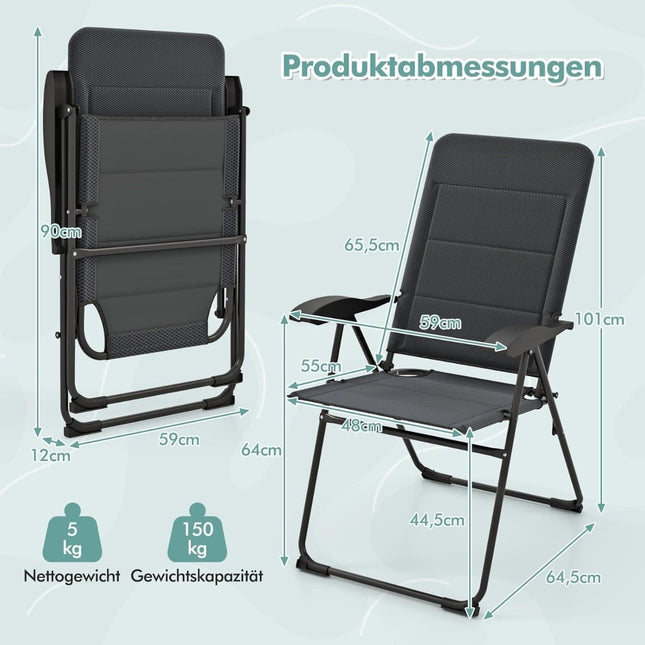 2-teilige klappbare Terrassenstühle, verstellbare Rückenlehne, Grau