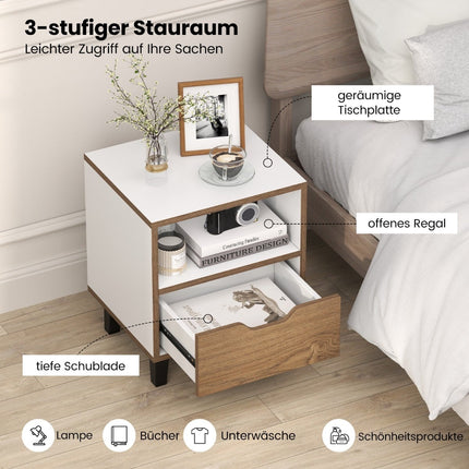 2-teiliges Nachtschränkchen-Set mit offenem Regal & Schublade
