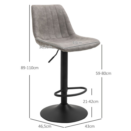 Tabourets de bar rétro 2 pièces, microfibre grise, hauteur réglable