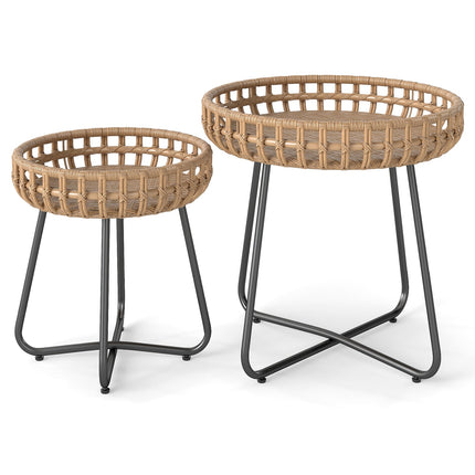 2-teiliges rundes Outdoor-Rattan-Beistelltisch-Set mit Metallrahmen
