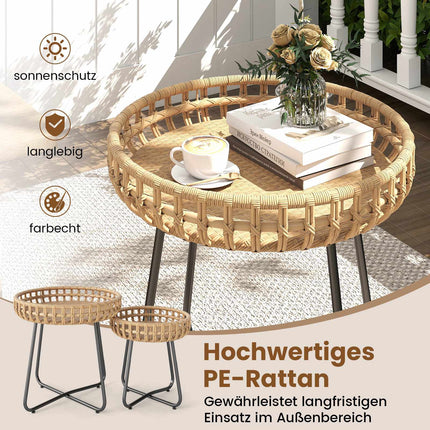 2-teiliges rundes Outdoor-Rattan-Beistelltisch-Set mit Metallrahmen