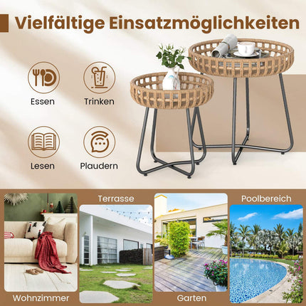 2-teiliges rundes Outdoor-Rattan-Beistelltisch-Set mit Metallrahmen