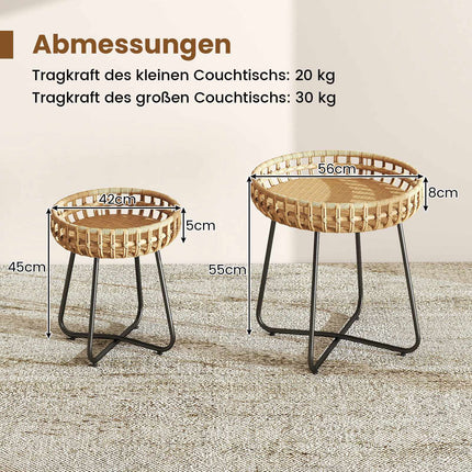 2-teiliges rundes Outdoor-Rattan-Beistelltisch-Set mit Metallrahmen