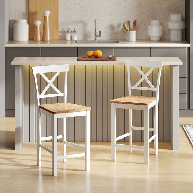 Tabourets de bar en bois d'hévéa, 2 pièces, chêne et blanc, assise de 60 cm