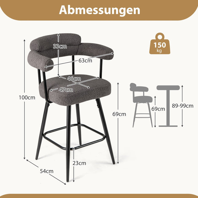 Ensemble de 2 tabourets de bar pivotants, rembourrés, rotation à 360°, gris