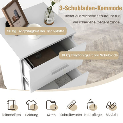 2-teiliges Nachtschränkchen-Set in Weiß mit 3 Schubladen, 66,5 cm