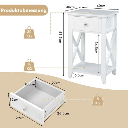 Ensemble de 2 tables de chevet blanches avec tiroir et étagère