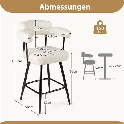 Tabourets de bar pivotants blancs en 2 pièces, sièges pivotants à 360°