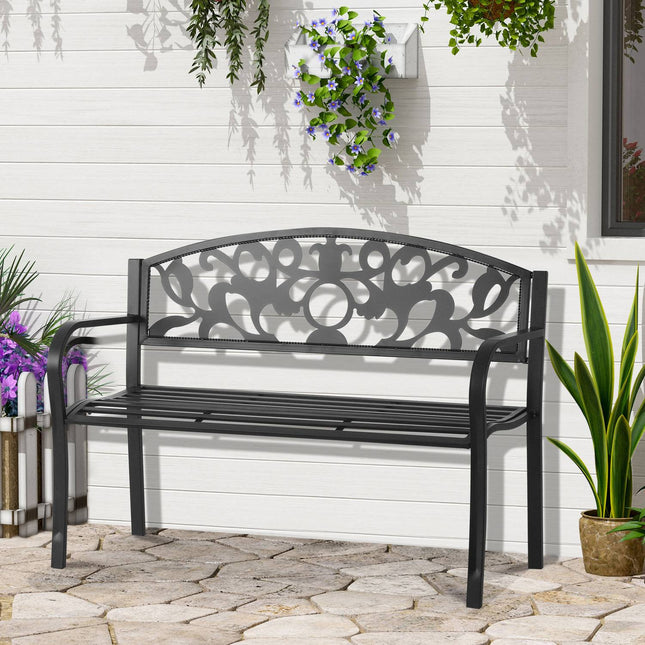 Outdoor-Metallgartenbank, schwarz, 2-Sitzer mit Armlehnen