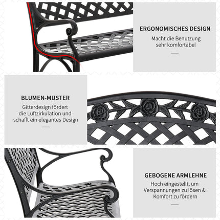 Banc de jardin 2 places en aluminium noir avec accoudoirs
