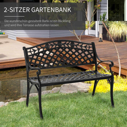 Banc de jardin 2 places en aluminium noir avec accoudoirs