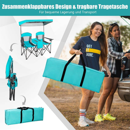 2-Sitzer Campingstuhl mit Sonnenschutz Mini-Tisch Klappbarer Angelstuhl mit Tragetasche 166 x 71 x 151 cm Navy