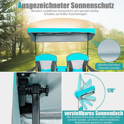 2-Sitzer Campingstuhl mit Sonnenschutz Mini-Tisch Klappbarer Angelstuhl mit Tragetasche 166 x 71 x 151 cm Navy