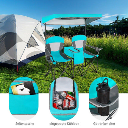 2-Sitzer Campingstuhl mit Sonnenschutz Mini-Tisch Klappbarer Angelstuhl mit Tragetasche 166 x 71 x 151 cm Navy