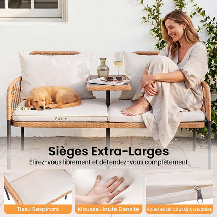 2-Sitzer Garten-Rattansofa mit Kissen, Glastisch