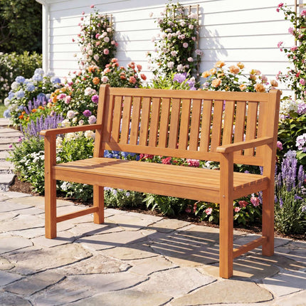 Banc d'extérieur 2 places en bois de sapin naturel avec accoudoirs