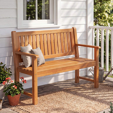 Banc d'extérieur 2 places en bois de sapin naturel avec accoudoirs