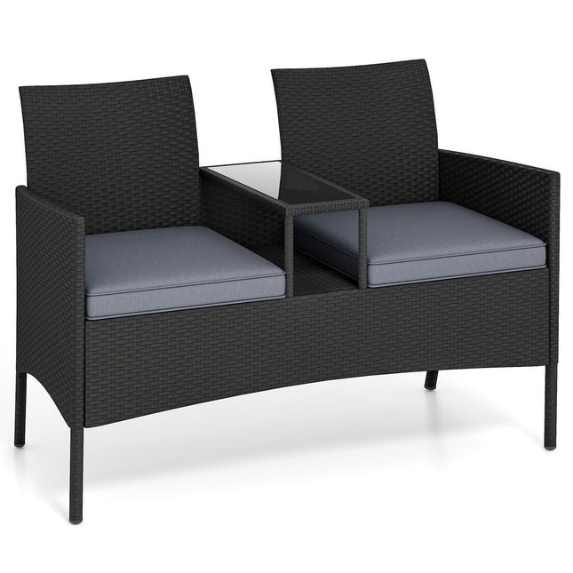 Banc de jardin 2 places en polyrotin avec table, gris