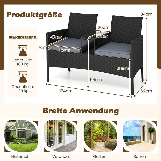 Banc de jardin 2 places en polyrotin avec table, gris