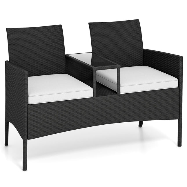 Banc de jardin 2 places en polyrotin avec table, blanc