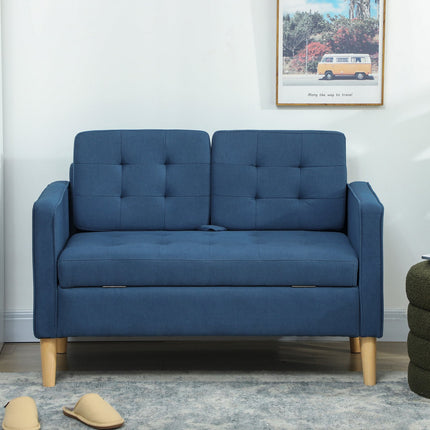 Canapé 2 places avec rangement, velours bleu, design compact