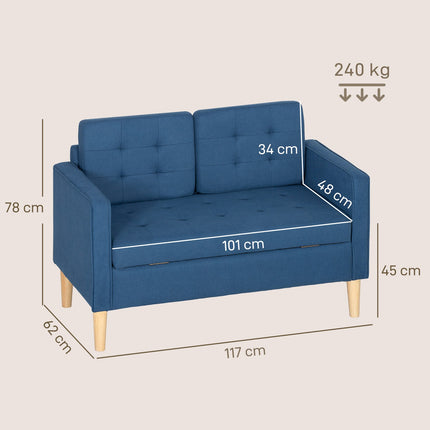 Canapé 2 places avec rangement, velours bleu, design compact