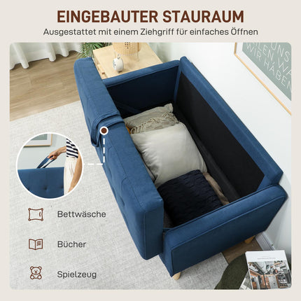 Canapé 2 places avec rangement, velours bleu, design compact