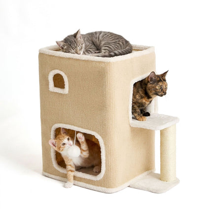 2-stöckiges Katzenhaus mit Sisalbaum und Spielzeug – Beige