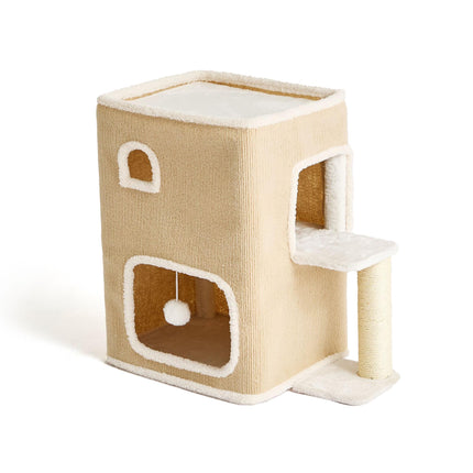 2-stöckiges Katzenhaus mit Sisalbaum und Spielzeug – Beige