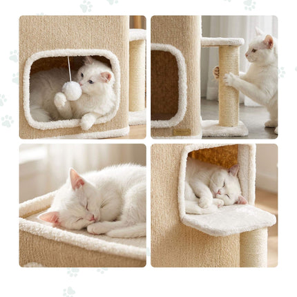 2-stöckiges Katzenhaus mit Sisalbaum und Spielzeug – Beige
