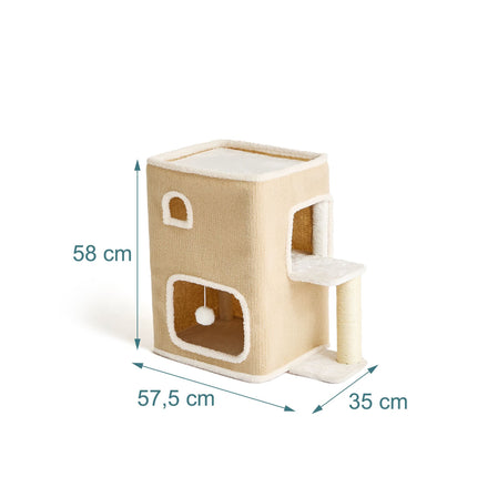 2-stöckiges Katzenhaus mit Sisalbaum und Spielzeug – Beige